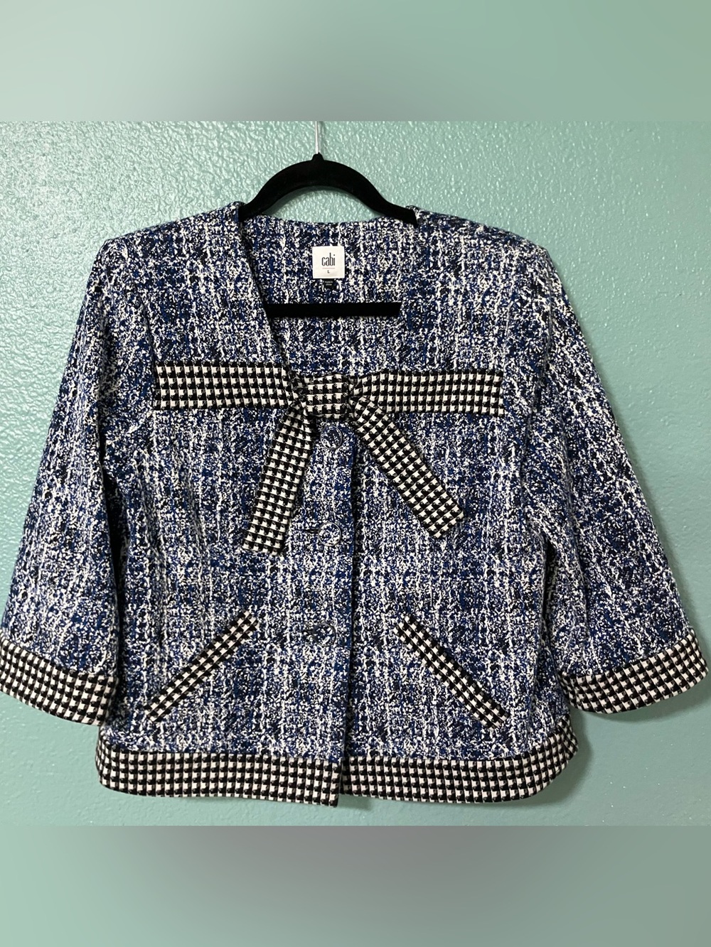 CAbi Navy and White Bouclé Jacket with Houndstooth Bow